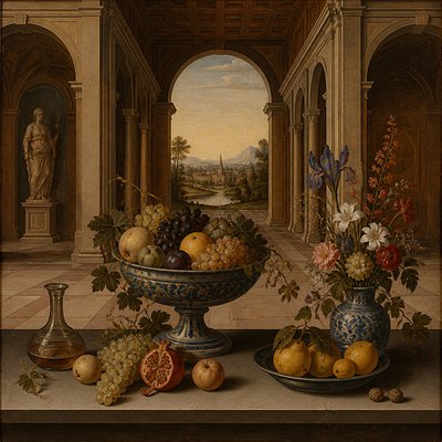 still life arrangement of fruits and flowers