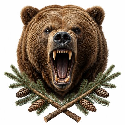 a roaring bear head above crossed pine branches, bold graphic composition on a plain background, no text