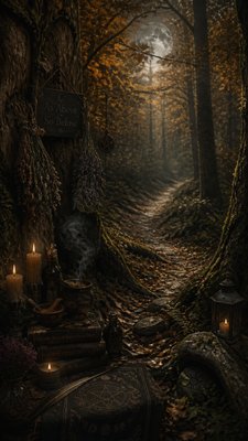 a winding forest path in golden autumn light, no people