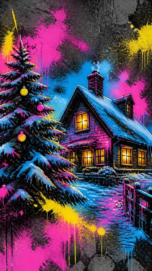 a snow-covered cottage with warm glowing windows beside a decorated pine tree, gentle snowfall, no text