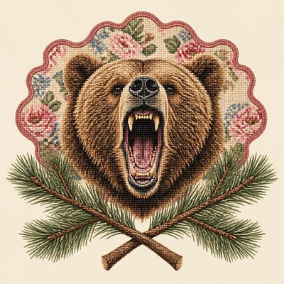 a roaring bear head above crossed pine branches, bold graphic composition on a plain background, no text