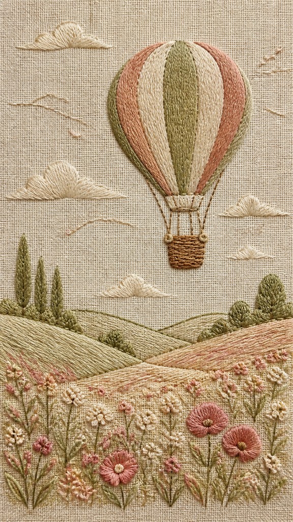 a hot air balloon drifting over rolling flower fields on a sunny day, cheerful, no text