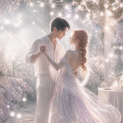 an original couple dancing under string lights in a garden at dusk: a man with short black hair in a linen shirt and a woman with braided red hair in a summer dress
