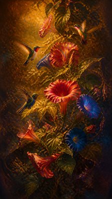 a climbing vine of flowers and hummingbirds on a dark background, tall wrapping composition, no text