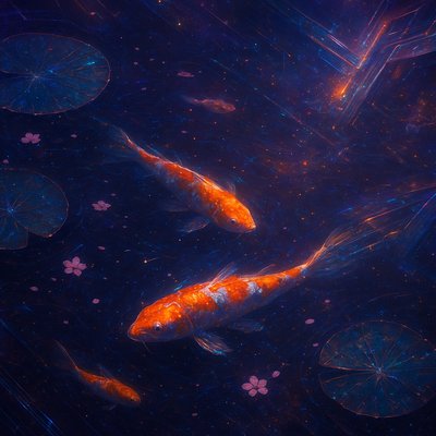 A koi pond seen from above, orange and white koi fish swimming among lily pads, clear water with subtle ripples, fallen cherry blossom petals floating on the surface, dappled sunlight