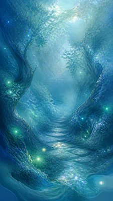 a mysterious forest path with fireflies and drifting mist, atmospheric vertical composition with open space at the top, no text
