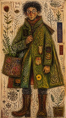 full-body original character: a wandering botanist with a satchel of plants, a patched green cloak, tall boots and round glasses, neutral background