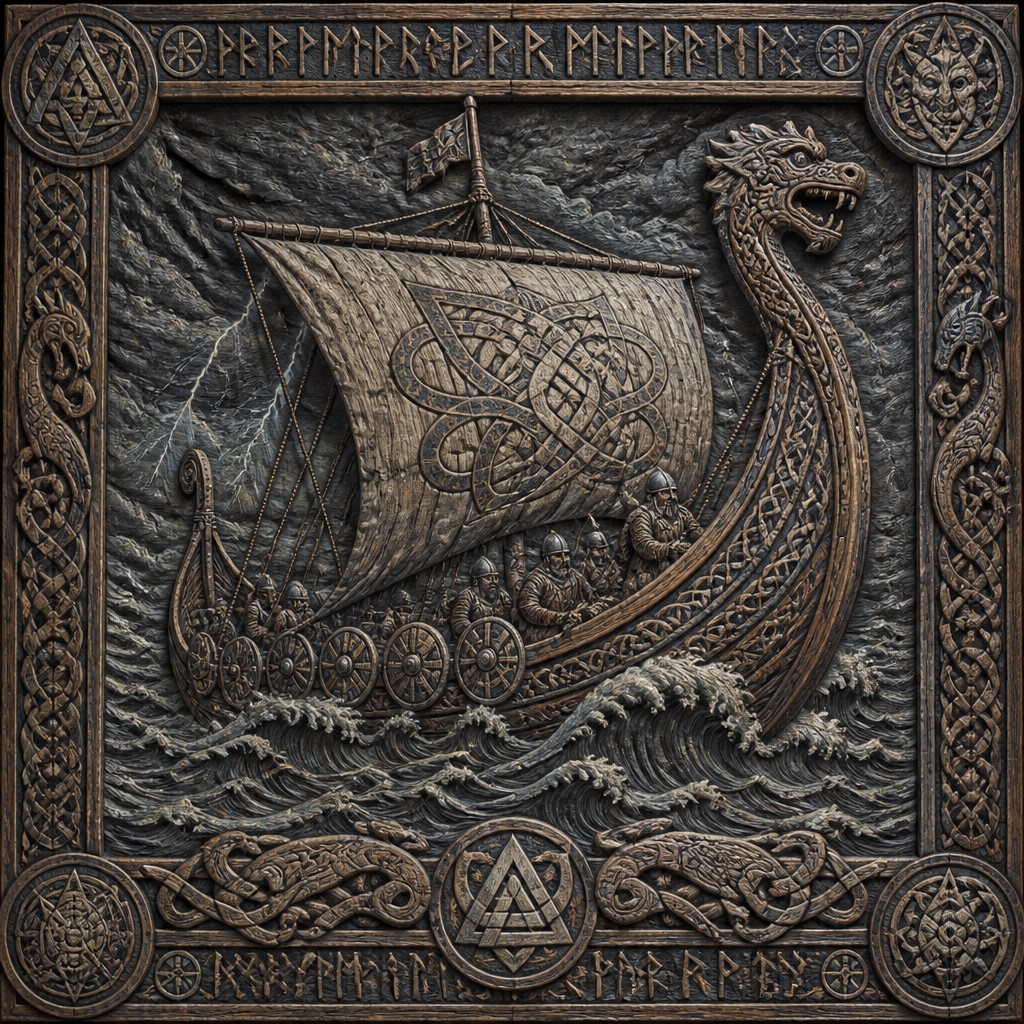 sailing ship on a stormy sea — Viking Art Style