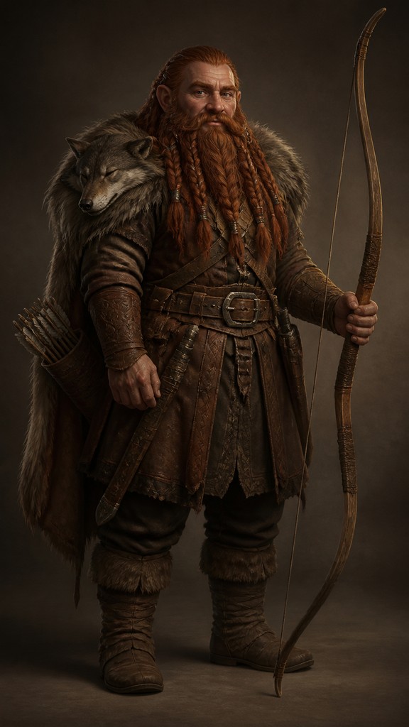 full-body original character: a dwarven ranger with a braided auburn beard, worn leather armor, a longbow and a wolf-pelt cloak, neutral background, no text