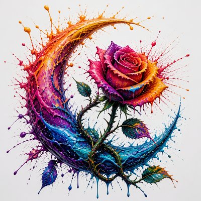 a rose entwined with a crescent moon, clean balanced composition on a plain background, no text