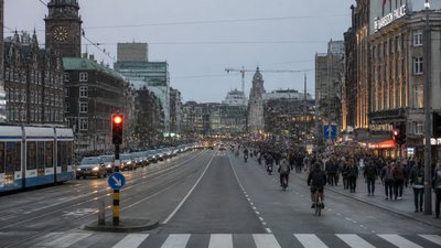 bustling city street panorama at dusk