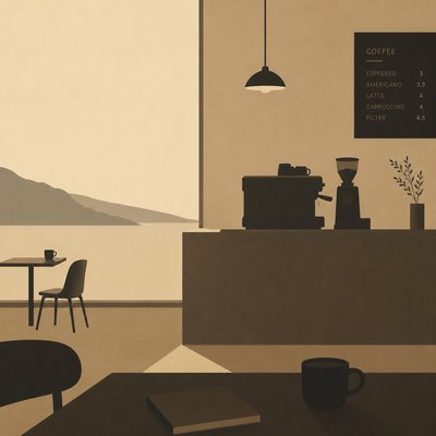 cozy cafe interior with warm lighting