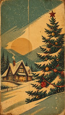 a snow-covered cottage with warm glowing windows beside a decorated pine tree, gentle snowfall, no text