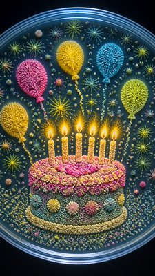 a birthday cake with lit candles surrounded by balloons and confetti, festive vertical composition, no text
