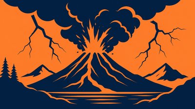 an erupting volcano with lightning strikes, dramatic wide composition, no text