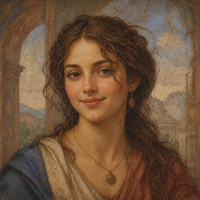 head-and-shoulders portrait of an original character: a young woman with wavy chestnut hair and a warm smile, plain soft backdrop