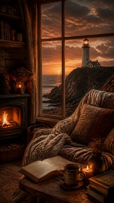 a lone lighthouse on a cliff at dusk under a dramatic sky, no text or lettering
