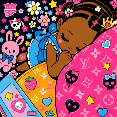 a painting of a little girl sleeping on a bed
