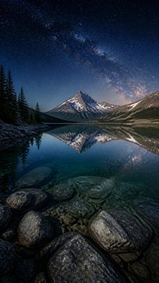a tranquil mountain lake beneath a starry night sky, no people, no text