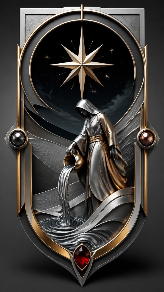 a robed figure pouring water beneath a large eight-pointed star in a night sky, symmetrical composition with an ornate decorative border, no text