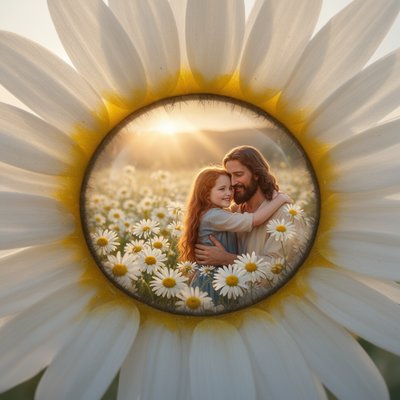 A close up of an eye. Around the eye are daisy petals - as if the eye is the center of the daisy with the soft yellow lining the eye. In the pupil there is a field of daisies and picture of Jesus hugging a little girl with long red hair, her arms around His neck, close-up view, macro perspective, joyful mood, golden hour color palette, god rays lighting, rule of thirds composition, masterpiece, best quality, ultra detailed, sharp focus, highly detailed
