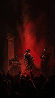 a live music scene with a glowing stage and silhouetted crowd, energetic vertical composition with open space at the top, no text