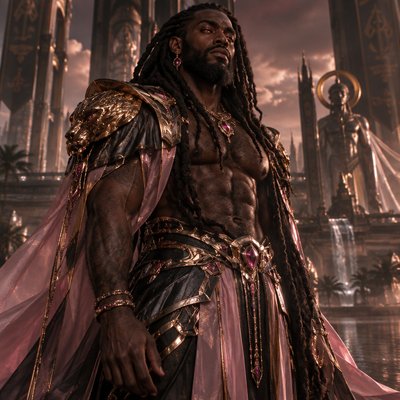 Je veux que tu me fasses un guerrier, tres modern avec une armure moderne genre full rose noir argenté sombre et voileen soie transparent mais juste un peu si besoin mais il a une armure en or plutot mastock genre le voile c’est juste histoire de rajouter du tissu sans manche ni haut in voit ses muscle et il a une barbe et des cheveux locks plein il est hot grand et poilu torse et abdo pour le realisme il est brun et a des yeux rose orangé genre intense brillant brillant, on dirait un dieu de l’ afrique ancien avec l’ethnie noir
Pas de tigre pas de chaine au maine ou de gants seulement des bijoux or fin et des diamants rose