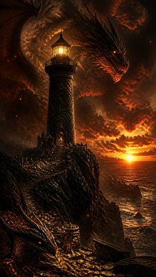 a lone lighthouse on a cliff at dusk under a dramatic sky, no text or lettering