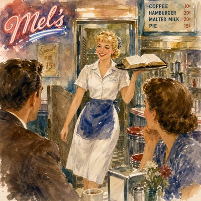 It’s 1946 and we’re standing in our favorite diner, Mel’s, looking toward the kitchen. Libby, our favorite waitress dances through the swinging doors of the kitchen headed our way with a round tray held high and a smile on her face. Her blond hair is neatly held together by a net bun at the back and her bangs are just right. She’s dressed in a crisp white waitress costume, with a blue apron. On the tray, instead of our breakfast is an open Bible. This is a spiritual breakfast!