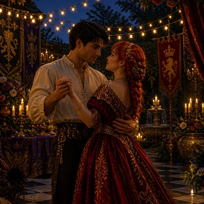 an original couple dancing under string lights in a garden at dusk: a man with short black hair in a linen shirt and a woman with braided red hair in a summer dress