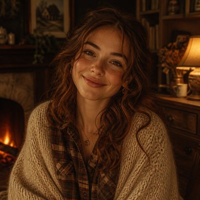 head-and-shoulders portrait of an original character: a young woman with wavy chestnut hair and a warm smile, plain soft backdrop