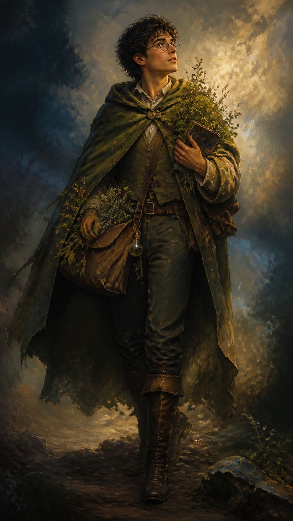 full-body original character: a wandering botanist with a satchel of plants, a patched green cloak, tall boots and round glasses, neutral background