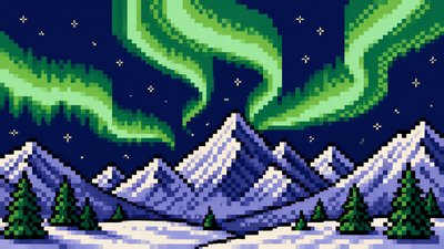 a flowing aurora over snowy peaks, wide sweeping composition, no people, no text