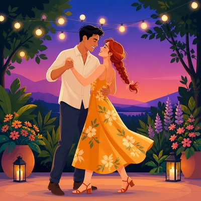 an original couple dancing under string lights in a garden at dusk: a man with short black hair in a linen shirt and a woman with braided red hair in a summer dress