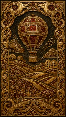 a hot air balloon drifting over rolling flower fields on a sunny day, cheerful, no text
