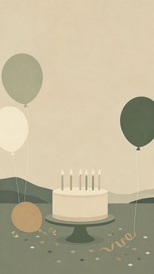 a birthday cake with lit candles surrounded by balloons and confetti, festive vertical composition, no text
