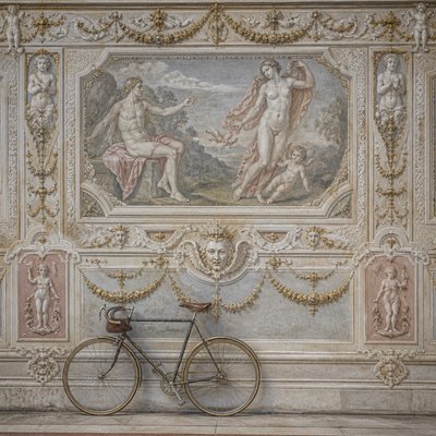 bicyle resting against a wall