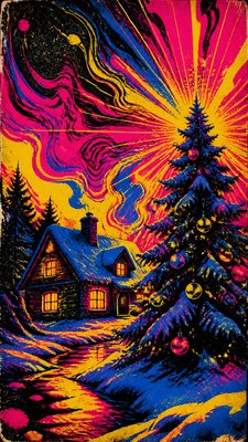 a snow-covered cottage with warm glowing windows beside a decorated pine tree, gentle snowfall, no text
