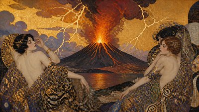 an erupting volcano with lightning strikes, dramatic wide composition, no text