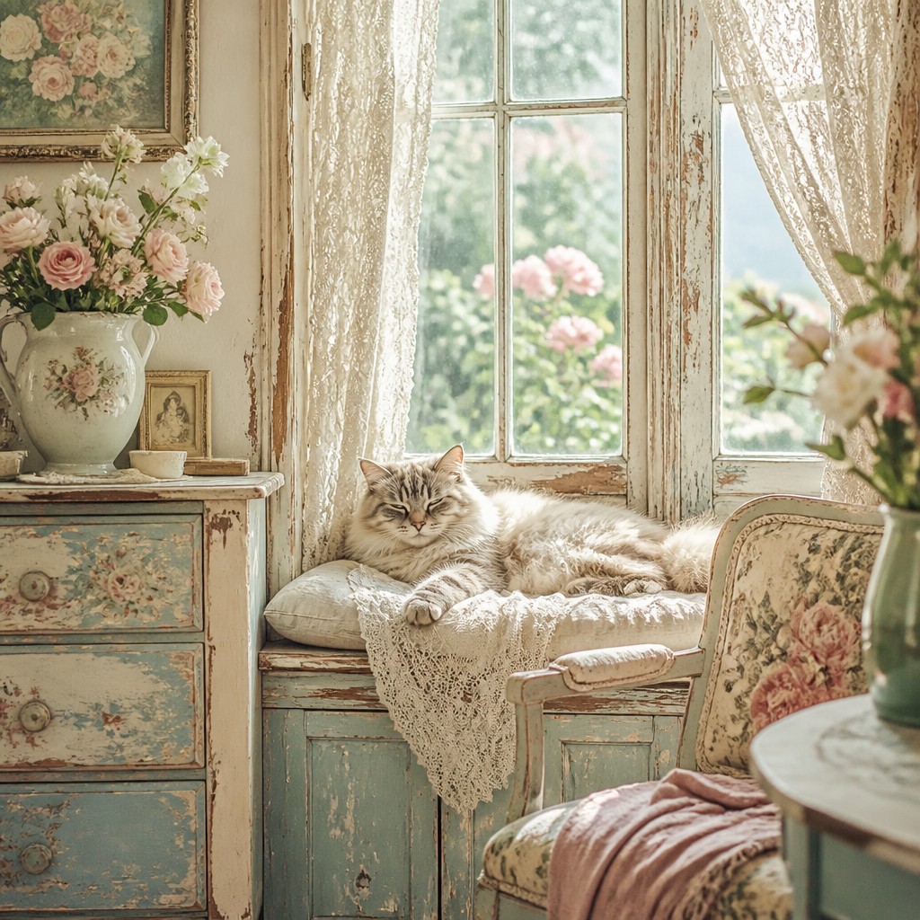 a cat lounging in a sunlit window — Shabby Chic Interior Design