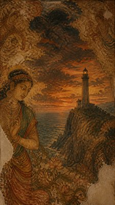 a lone lighthouse on a cliff at dusk under a dramatic sky, no text or lettering