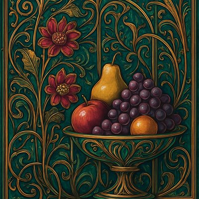 still life arrangement of fruits and flowers