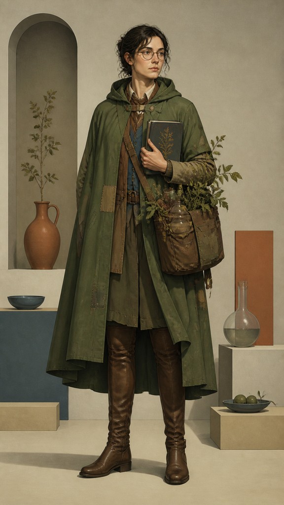 full-body original character: a wandering botanist with a satchel of plants, a patched green cloak, tall boots and round glasses, neutral background