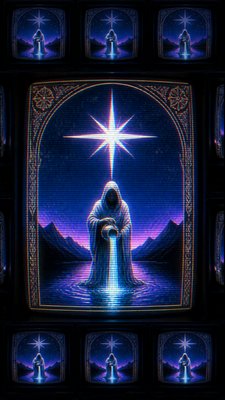 a robed figure pouring water beneath a large eight-pointed star in a night sky, symmetrical composition with an ornate decorative border, no text