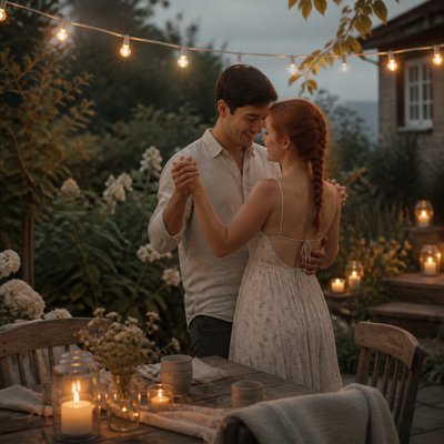 an original couple dancing under string lights in a garden at dusk: a man with short black hair in a linen shirt and a woman with braided red hair in a summer dress