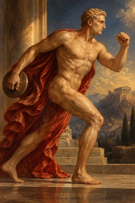 a painting of a man standing in front of a building