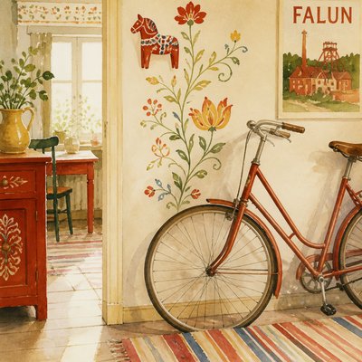 bicyle resting against a wall — Swedish Art Style