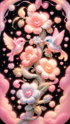 a climbing vine of flowers and hummingbirds on a dark background, tall wrapping composition, no text