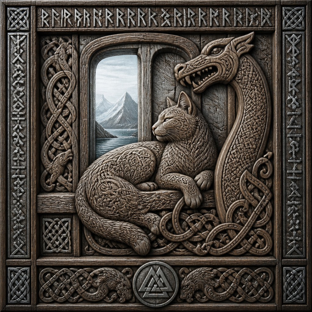 a cat lounging in a sunlit window — Viking Art Style