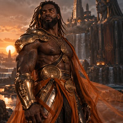 Je veux que tu me fasses un guerrier, tres modern avec une armure moderne genre full orange argenté sombre et voileen soie transparent mais juste un peu si besoin mais il a une armure en or plutot mastock genre le voile c’est juste histoire de rajouter du tissu sans manche ni haut  in voit ses muscle et il a une barbe et des cheveux locks  il est hot et poilu pour le realisme il est brun  et a des yeux orange brillant brillant, on dirait presque un dieu de l’ afrique ancien avec l’ethnie noir
